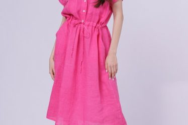 Rochie de vara midi din in cu buzunare si siret in talie
