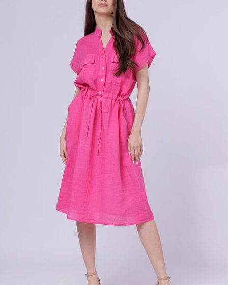 Rochie de vara midi din in cu buzunare si siret in talie