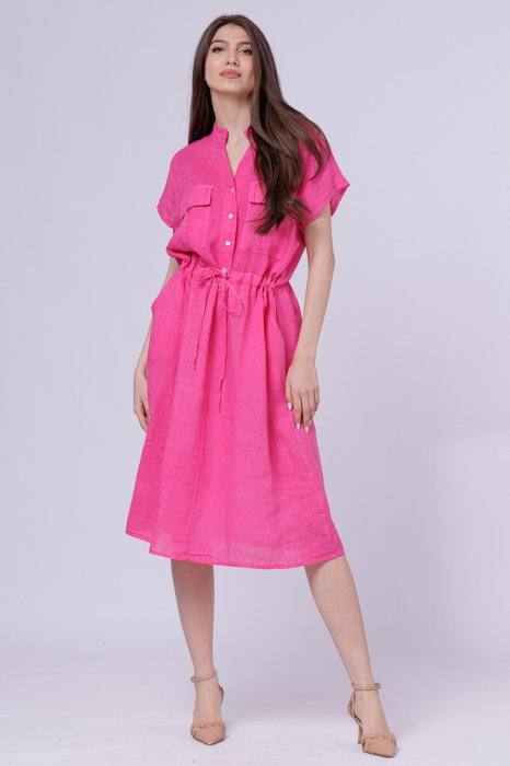 Rochie de vara midi din in cu buzunare si siret in talie