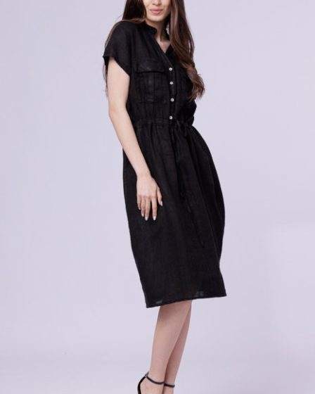 Rochie de vara midi din in cu buzunare si siret in talie