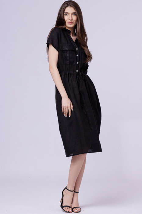 Rochie de vara midi din in cu buzunare si siret in talie