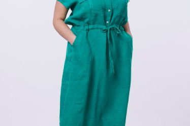 Rochie de vara midi din in cu buzunare si siret in talie