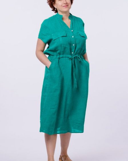 Rochie de vara midi din in cu buzunare si siret in talie