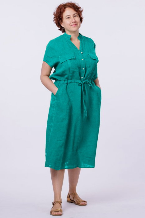 Rochie de vara midi din in cu buzunare si siret in talie