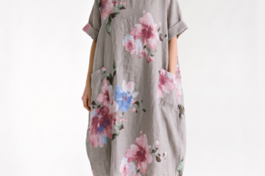 Rochie din in cu imprimeu floral si croi balon cu buzunare