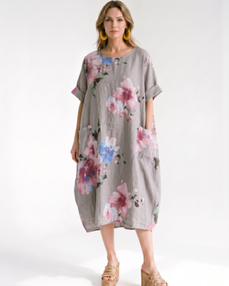 Rochie din in cu imprimeu floral si croi balon cu buzunare