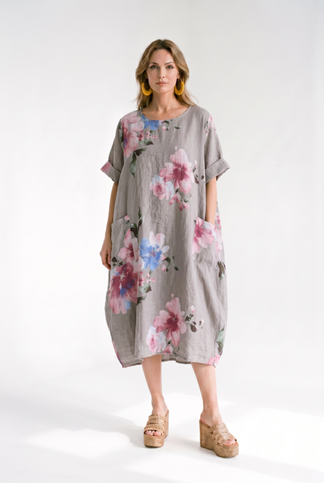 Rochie din in cu imprimeu floral si croi balon cu buzunare