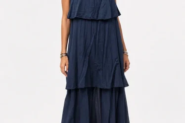 Rochie lunga din batist de bumbac cu bretele reglabile si floare decorativa bleumarin