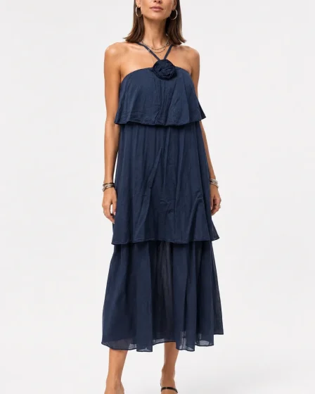 Rochie lunga din batist de bumbac cu bretele reglabile si floare decorativa bleumarin