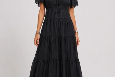 Rochie lunga din batist de bumbac cu volane si decolteu in V