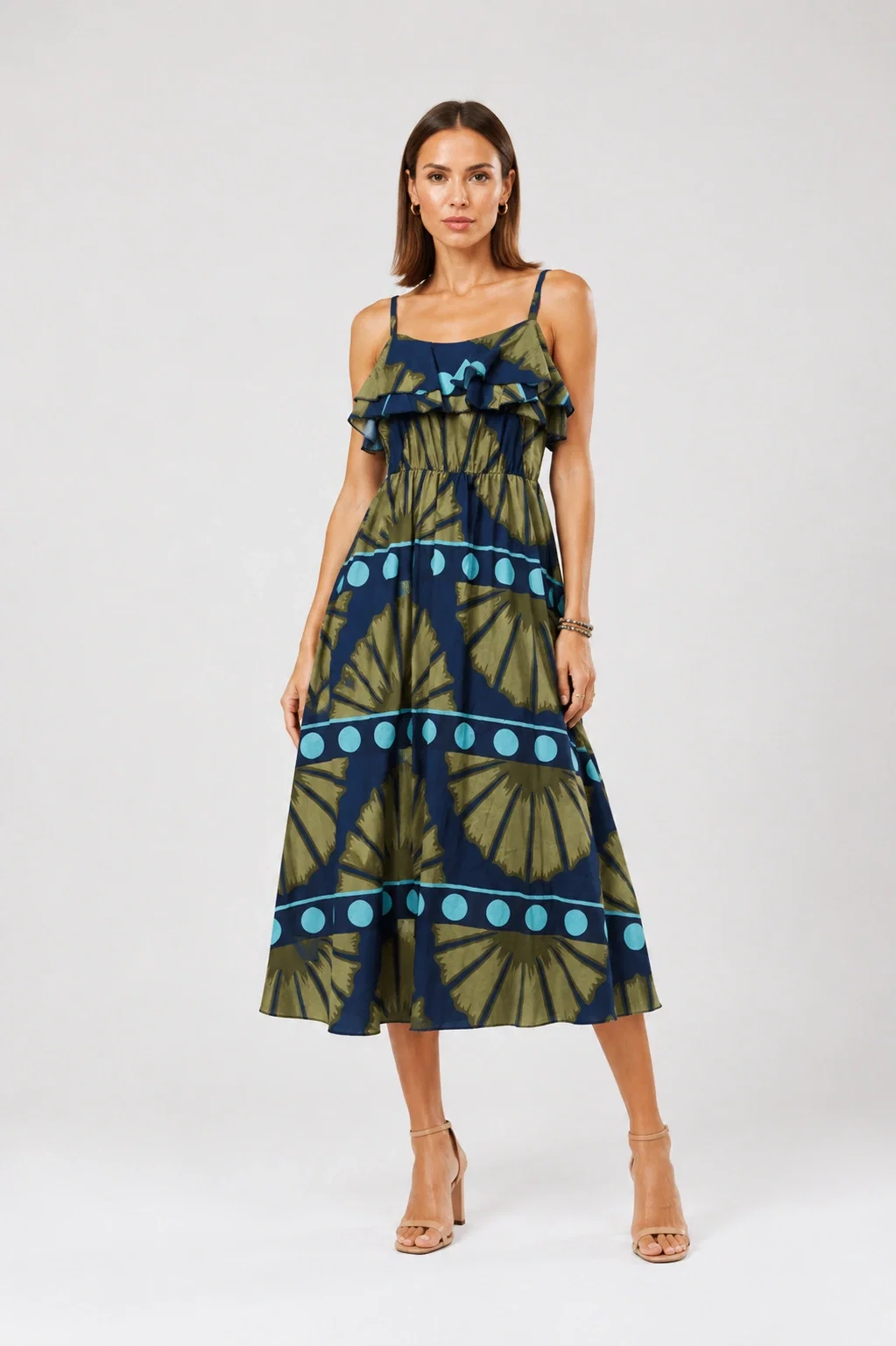Rochie lunga din bumbac subtire cu volan pe piept si imprimeu abstract