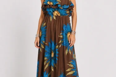 Rochie lunga din bumbac subtire cu volan pe piept siimprimeu floral