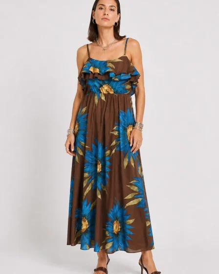 Rochie lunga din bumbac subtire cu volan pe piept siimprimeu floral