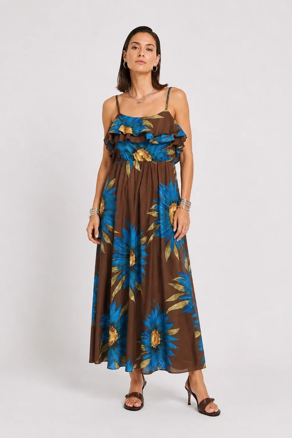 Rochie lunga din bumbac subtire cu volan pe piept siimprimeu floral