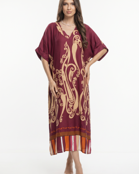 Rochie lunga oversize din vascoza si matase cu imprimeu baroc si croi lejer