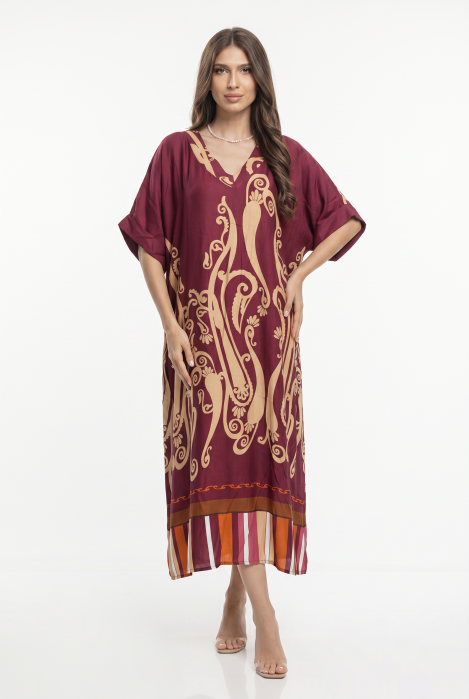 Rochie lunga oversize din vascoza si matase cu imprimeu baroc si croi lejer