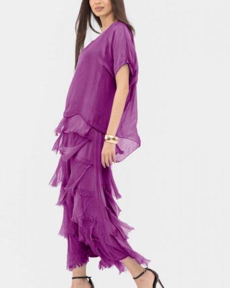 Rochie magenta din matase si vascoza cu  volane franjurate suprapuse