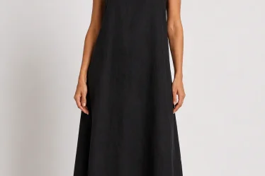 Rochie maxi din in cu  design arhitectural si efect balon
