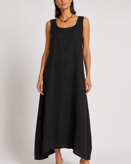 Rochie maxi din in cu  design arhitectural si efect balon
