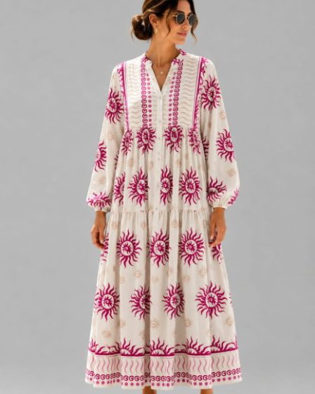 Rochie maxi din vascoza cu imprimeu solar si inspiratie boho