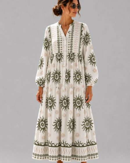 Rochie maxi din vascoza cu imprimeu solar si inspiratie boho