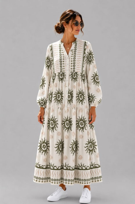 Rochie maxi din vascoza cu imprimeu solar si inspiratie boho