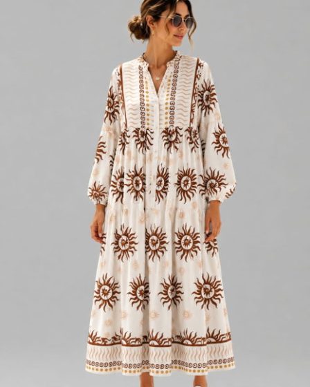 Rochie maxi din vascoza cu imprimeu solar si inspiratie boho