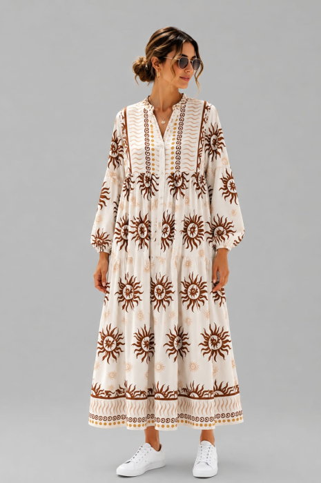 Rochie maxi din vascoza cu imprimeu solar si inspiratie boho
