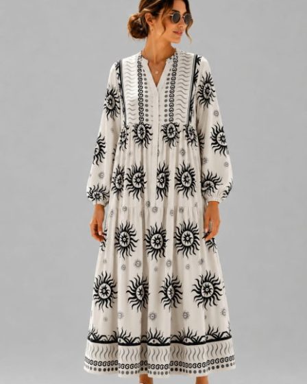 Rochie maxi din vascoza cu imprimeu solar si inspiratie boho