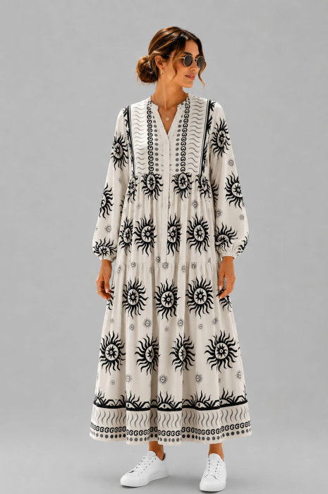 Rochie maxi din vascoza cu imprimeu solar si inspiratie boho
