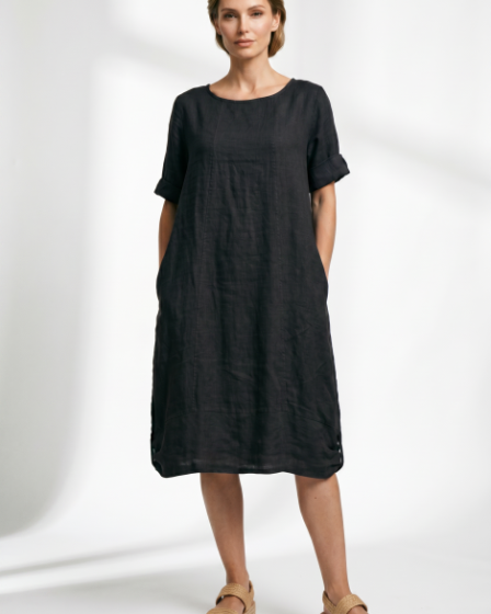 Rochie midi din in cu croiala lejera si prinderi laterale