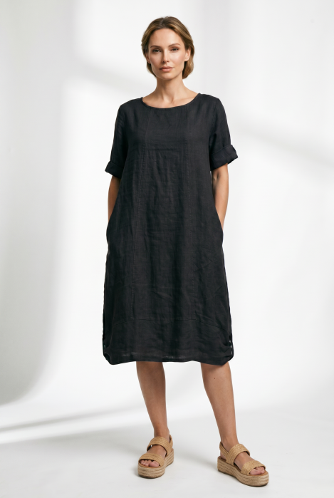 Rochie midi din in cu croiala lejera si prinderi laterale