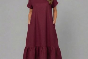Rochie midi din in cu funda pe spate si volan amplu din batist