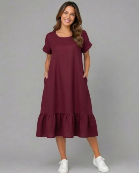 Rochie midi din in cu funda pe spate si volan amplu din batist