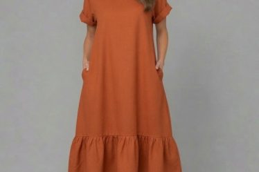 Rochie midi din in cu funda pe spate si volan amplu din batist