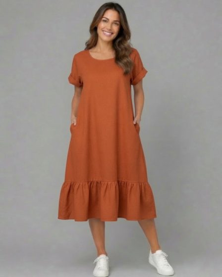 Rochie midi din in cu funda pe spate si volan amplu din batist