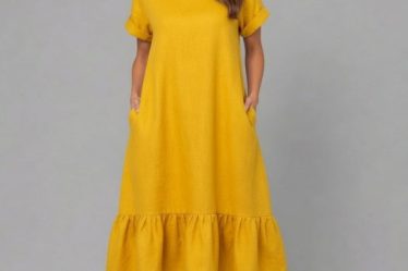 Rochie midi din in cu funda pe spate si volan amplu din batist
