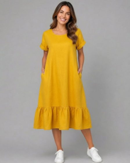 Rochie midi din in cu funda pe spate si volan amplu din batist