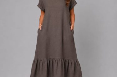 Rochie midi din in cu funda pe spate si volan amplu din batist