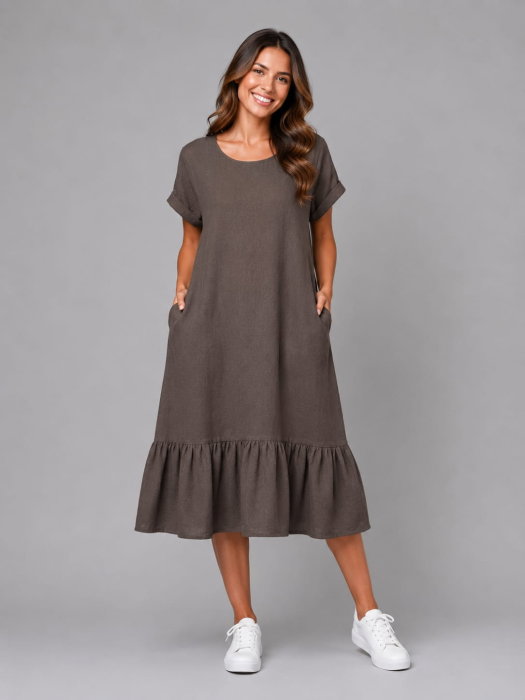 Rochie midi din in cu funda pe spate si volan amplu din batist