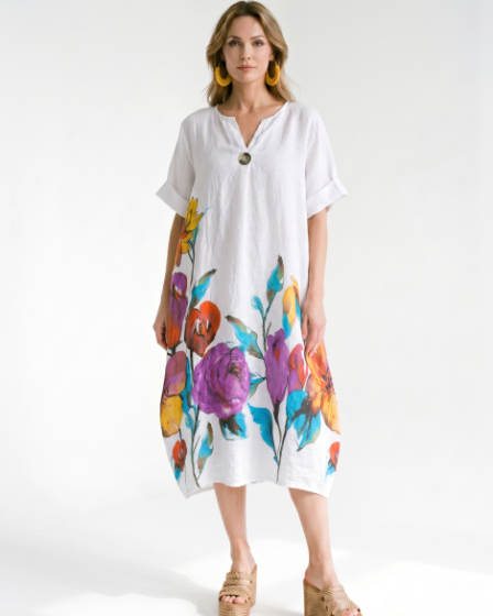 Rochie midi din in cu imprimeu floral colorat si croi balon