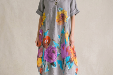 Rochie midi din in cu imprimeu floral colorat si croi balon