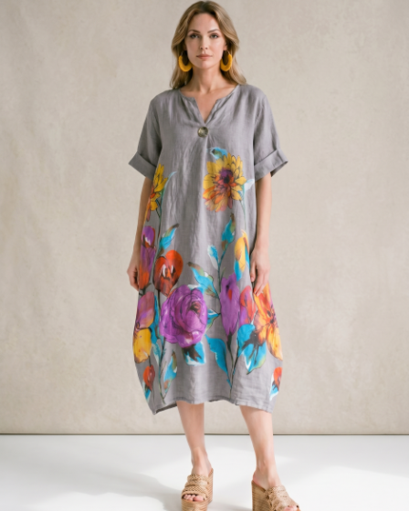 Rochie midi din in cu imprimeu floral colorat si croi balon