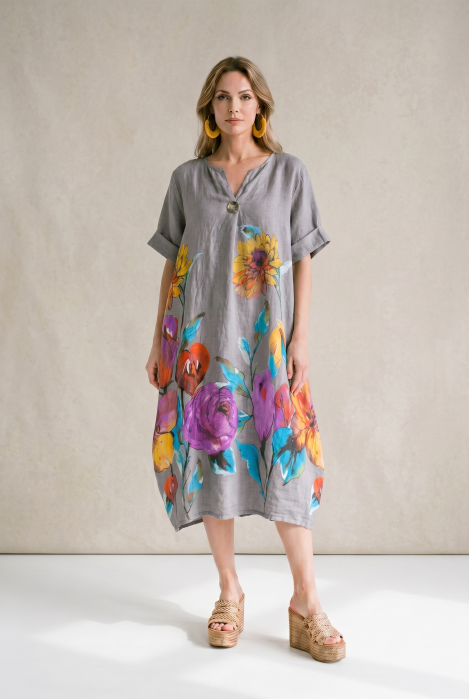 Rochie midi din in cu imprimeu floral colorat si croi balon