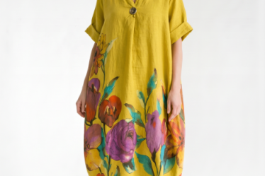 Rochie midi din in cu imprimeu floral colorat si croi balon