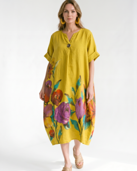 Rochie midi din in cu imprimeu floral colorat si croi balon