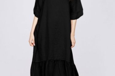 Rochie midi din in neagra cu volane din matase si funda pe spate