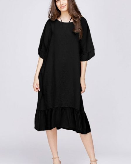 Rochie midi din in neagra cu volane din matase si funda pe spate