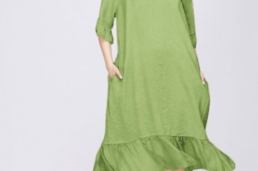 Rochie midi din in verde olive cu volane din matase si funda pe spate
