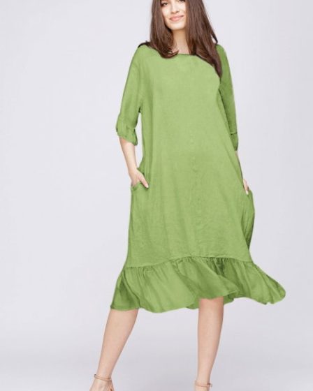 Rochie midi din in verde olive cu volane din matase si funda pe spate